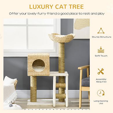 39.5" Cat Tree Tower Cattail Weave W/ Cat Condo, Bed, Ladder, Washable Cushions