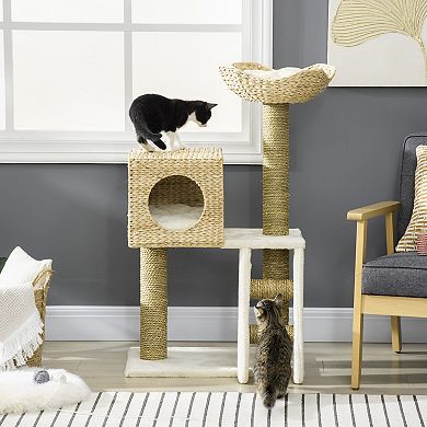 39.5" Cat Tree Tower Cattail Weave W/ Cat Condo, Bed, Ladder, Washable Cushions