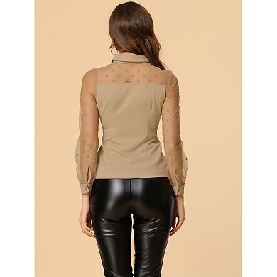 Women's Mesh Panel Dots Long Sleeve Button Front Half Placket Shirt