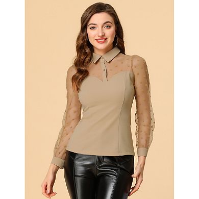 Women's Mesh Panel Dots Long Sleeve Button Front Half Placket Shirt