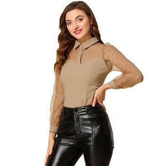 Women's Mesh Panel Dots Long Sleeve Button Front Half Placket Shirt