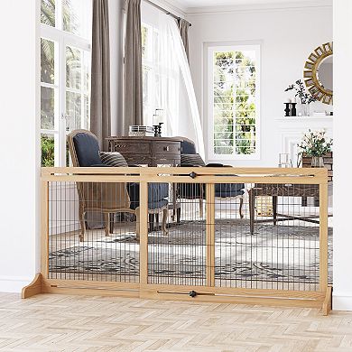 PawHut 72" W x 27.25" H Extra Wide Freestanding Pet Gate with Adjustable Length Dog, Cat, Barrier for House, Doorway, Hallway, Natural