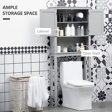 kleankin Modern Over The Toilet Storage Cabinet, Double Door Bathroom Organizer with Inner Adjustable Shelf and Open Shelf, Grey