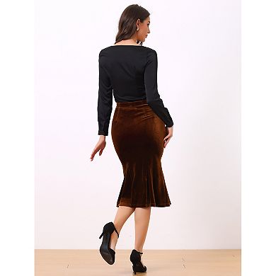 Women's Feminine Chic Retro Bodycon Elastic Back Velvet Midi Fishtail Mermaid Skirt
