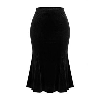 Women's Feminine Chic Retro Bodycon Elastic Back Velvet Midi Fishtail Mermaid Skirt