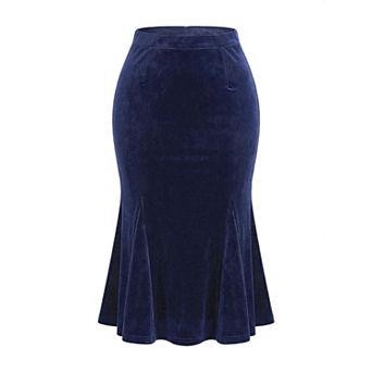 Women's Feminine Chic Retro Bodycon Elastic Back Velvet Midi Fishtail Mermaid Skirt