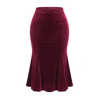 Women's Feminine Chic Retro Bodycon Elastic Back Velvet Midi Fishtail Mermaid Skirt