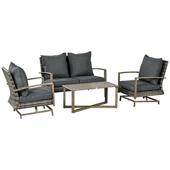 Outsunny 4 pc Patio Furniture Set w/ Rattan Rocking Chair Table Gray