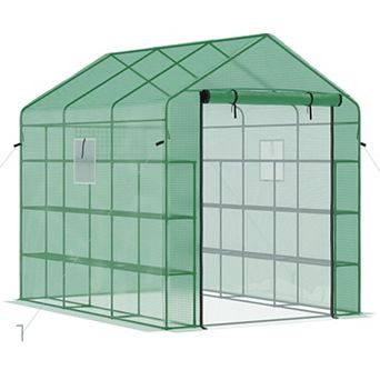 Outsunny Portable Walkin Greenhouse with Zipper Door, Shelf, Green
