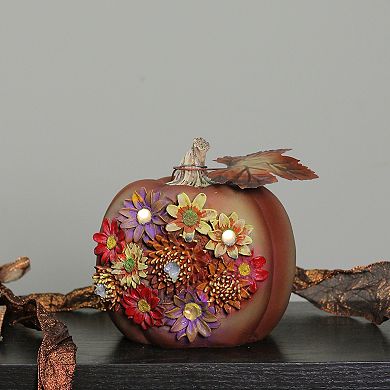 7.5" Brown Solar Powered Floral Pumpkin Outdoor Decoration