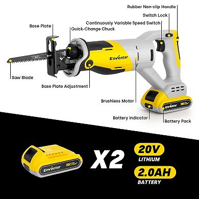 Enventor 20V MAX Reciprocating Brushless Cordless Sawzall with Two 2.0AH Battery Packs