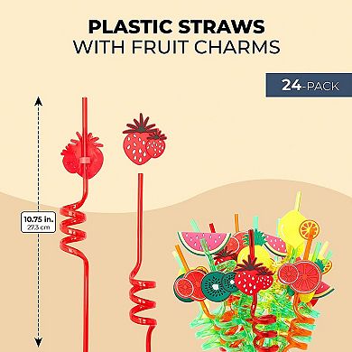 Reusable Straws with Fun Fruit Charms for Party (10.75 In, 6 Designs, 24 Pieces)