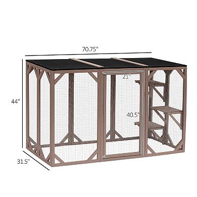 PawHut Cat Cage Wooden Pet Enclosure with Waterproof Roof, Platforms, Brown