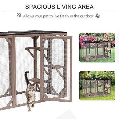 PawHut Cat Cage Wooden Pet Enclosure with Waterproof Roof, Platforms, Brown
