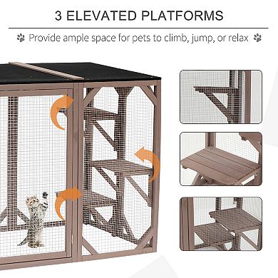 PawHut Cat Cage Wooden Pet Enclosure with Waterproof Roof, Platforms, Brown