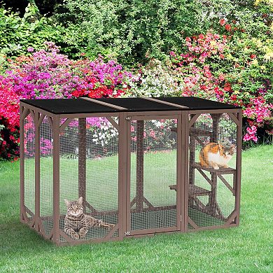 PawHut Cat Cage Wooden Pet Enclosure with Waterproof Roof, Platforms, Brown