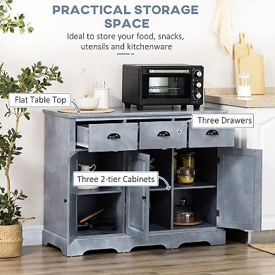 HOMCOM Industrial Buffet Cabinet, Kitchen Sideboard Storage with 3 Drawers, 3 Door Cabinets and Adjustable Shelf for Living Room, Blue