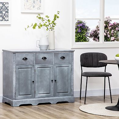 HOMCOM Industrial Buffet Cabinet, Kitchen Sideboard Storage with 3 Drawers, 3 Door Cabinets and Adjustable Shelf for Living Room, Blue