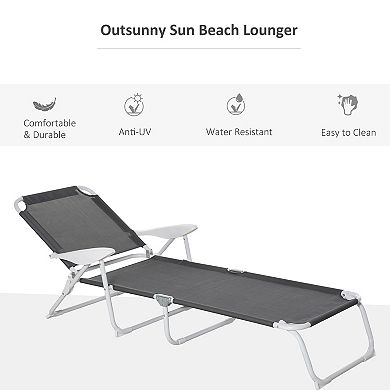 Outsunny Folding Chaise Lounge, Outdoor Sun Tanning Chair, Four-Position Reclining Back, Armrests, Iron Frame & Mesh Fabric for Beach, Yard, Patio, Dark Gray