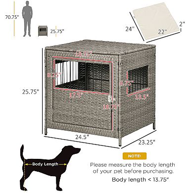 PawHut Rattan Dog Crate, Wicker Dog Cage with Lockable Door and Soft Washable Cushion, Dog Kennel Furniture for Small Sized Dogs, Grey