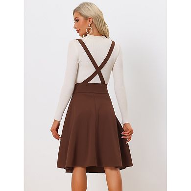 Women's Button Decor Solid Color Overall Dress Fit and Flare Midi Suspender Skirt