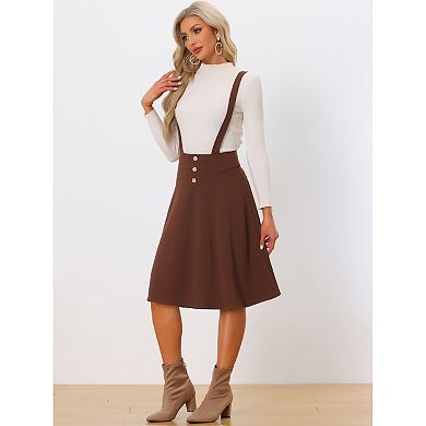 Women's Button Decor Solid Color Overall Dress Fit and Flare Midi Suspender Skirt