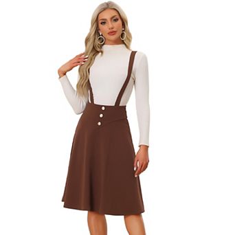 Women's Button Decor Solid Color Overall Dress Fit and Flare Midi Suspender Skirt