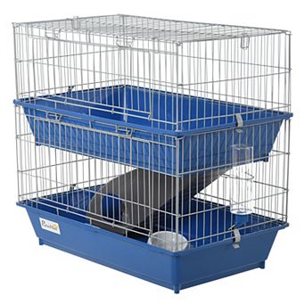 PawHut 2 tier 27" Steel Plastic Small Animal Cage Pet Guinea Pig Rabbit Hutch Enclosure Pet Play House With 2 Doors, Platform, Ramp, Dish and Bottle, Blue