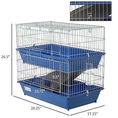 PawHut 2-Tier 27" Steel Plastic Small Animal Cage Pet Guinea Pig Rabbit Hutch Enclosure Pet Play House With 2 Doors, Platform, Ramp, Dish and Bottle, Blue