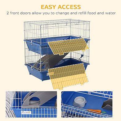 PawHut 2-Tier Mouse Cage, Ferret Cage W/ Dish and Bottle, Ramp, 2 Doors