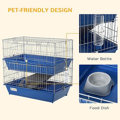 PawHut 2-Tier 27" Steel Plastic Small Animal Cage Pet Guinea Pig Rabbit Hutch Enclosure Pet Play House With 2 Doors, Platform, Ramp, Dish and Bottle, Blue