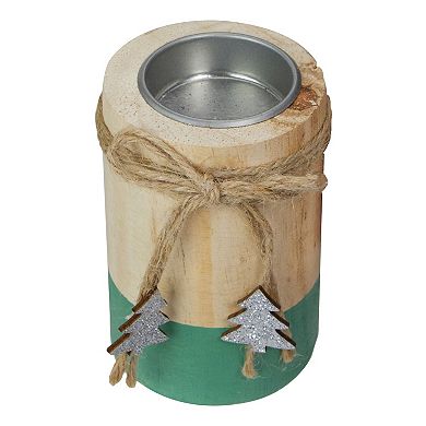 4" Green and Natural Wood Christmas Tea Light Candle Holder