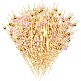Pink, Gold, White Pearl Cocktail Picks, Wood Toothpicks (4.7 in 150 Pack)