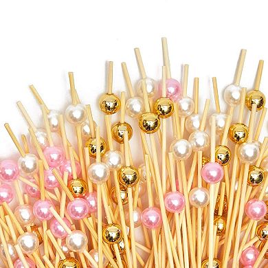 Pink, Gold, White Pearl Cocktail Picks, Wood Toothpicks (4.7 In, 150 Pack)