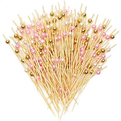 Pink, Gold, White Pearl Cocktail Picks, Wood Toothpicks (4.7 In, 150 Pack)