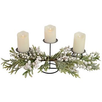 26" Triple Candle Holder with Frosted Foliage and Berries Christmas Decor