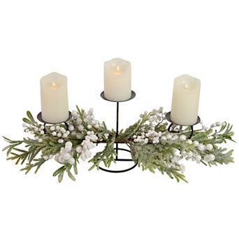 26" Triple Candle Holder with Frosted Foliage and Berries Christmas Decor