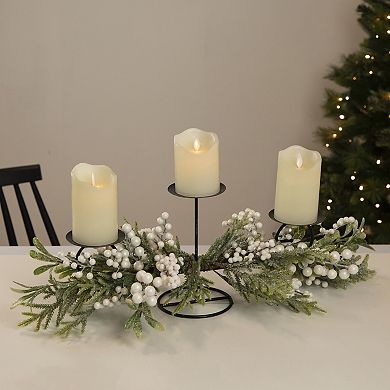 26" Triple Candle Holder with Frosted Foliage and Berries Christmas Decor