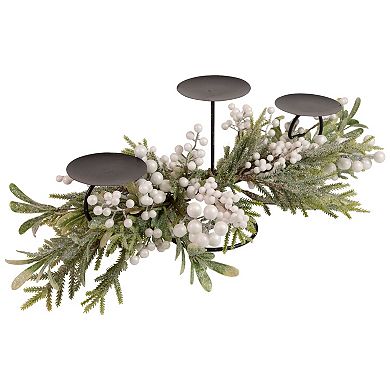 26" Triple Candle Holder with Frosted Foliage and Berries Christmas Decor