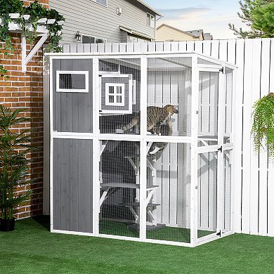 PawHut Walk-in Catio Outdoor Cat Enclosure Large for Multiple Cats of Any Size, 7 Jumping Platforms & Divided Den, Outdoor Cat House Weatherproof, Cat Shelter Kitty House Cat Cage, Cat Gift, Gray