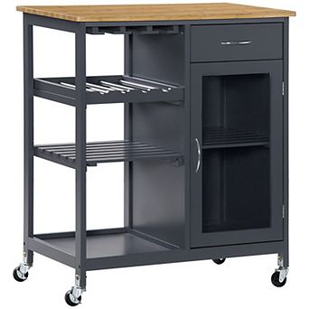 HOMCOM Utility Kitchen Cart, Rolling Kitchen Island Storage Trolley with Wine Rack, Shelves, Drawer and Cabinet, Grey