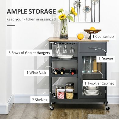HOMCOM Utility Kitchen Cart, Rolling Kitchen Island Storage Trolley with Wine Rack, Shelves, Drawer and Cabinet, Grey