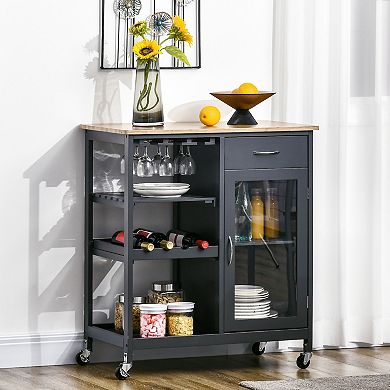 HOMCOM Utility Kitchen Cart, Rolling Kitchen Island Storage Trolley with Wine Rack, Shelves, Drawer and Cabinet, Grey