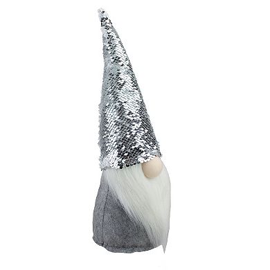 14" Silver and White Reverse Sequin Hat Standing Gnome Christmas Decoration