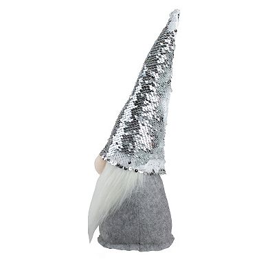 14" Silver and White Reverse Sequin Hat Standing Gnome Christmas Decoration