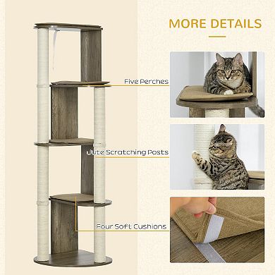 PawHut 65" Corner Modern Cat Tree Tall for Climbing, Large Multilevel Cat Tower with Scratching Posts, Small-Fit Kitten Tower with Sisal, Cream White