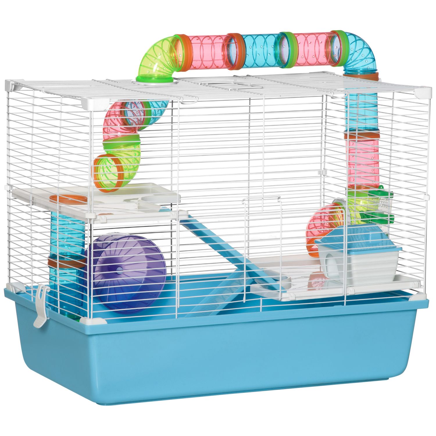 PawHut Wooden Hamster Cage, 2-Tier Small Animals Hutch, w/ Storage Shelf, Tray, Grey