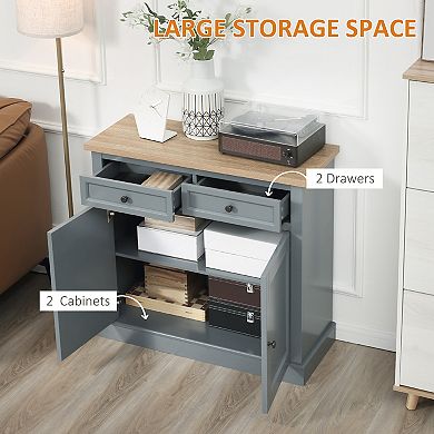 Modern Buffet Cabinet With 2 Storage Drawers And Adjustable Shelves, Dark Grey