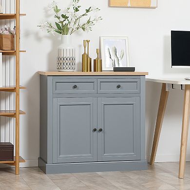 Modern Buffet Cabinet With 2 Storage Drawers And Adjustable Shelves, Dark Grey