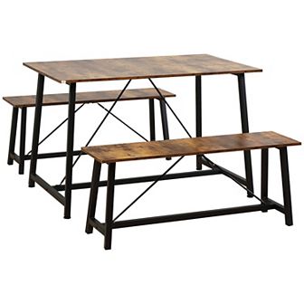 Industrial 3 pc Dining Table Set, Rectangular Kitchen Table & 2 Benches